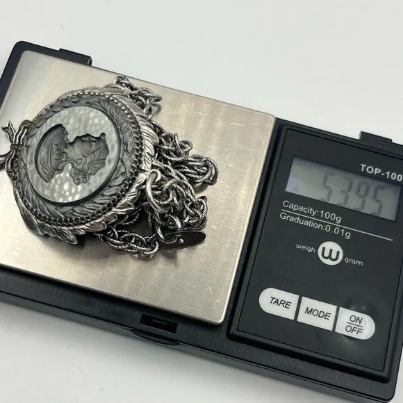 Whiting & Davis intaglio grey cameo silver tone rope chain necklace vintage - Picture 12 of 14